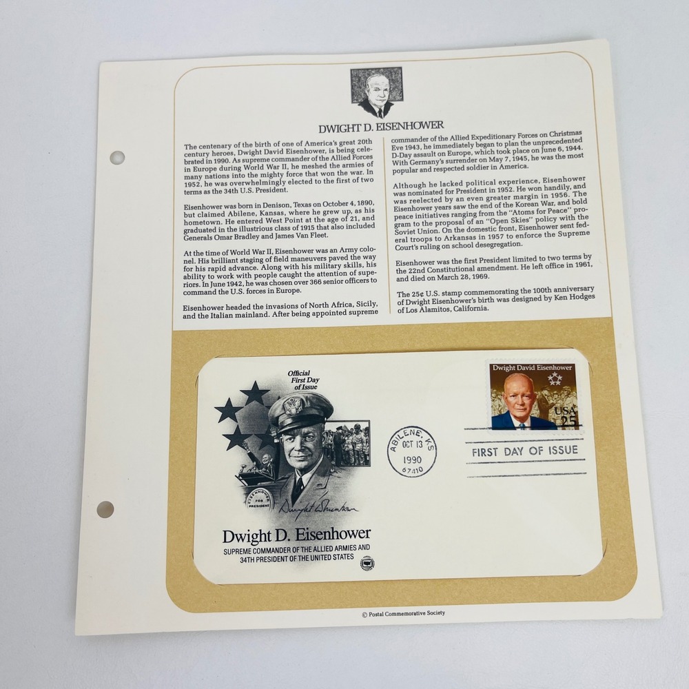 Postal Commemorative Society Dwight D Eisenhower First Day Cover Panel 1990 Whit
